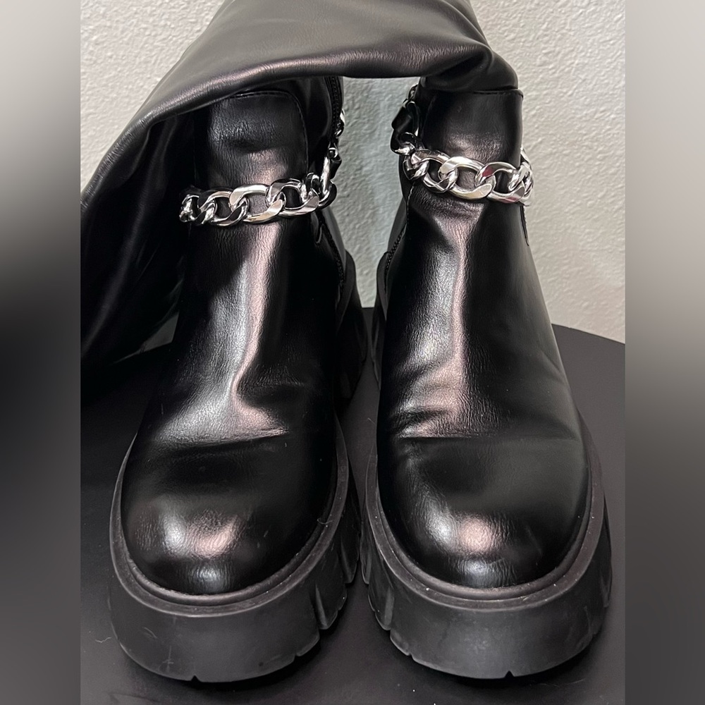 G By Guess Coen Tall Platform Boots Over The Knee Chain Chunky Festival Goth - Picture 4 of 13
